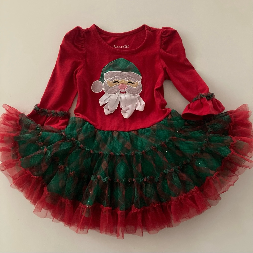 Holiday Christmas 2T Toddler Girl Santa Red Green Sparkle Tulle Dress - Picture 1 of 11
